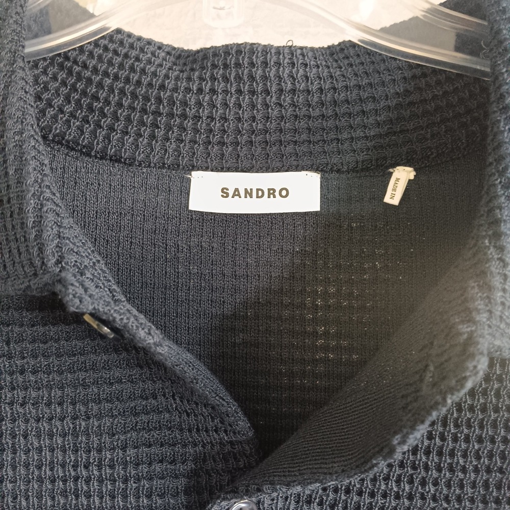 Sandro Waffle Knit Shirt Mens XXL Navy Blue NWT Short Sleeve Button Up - Picture 2 of 9